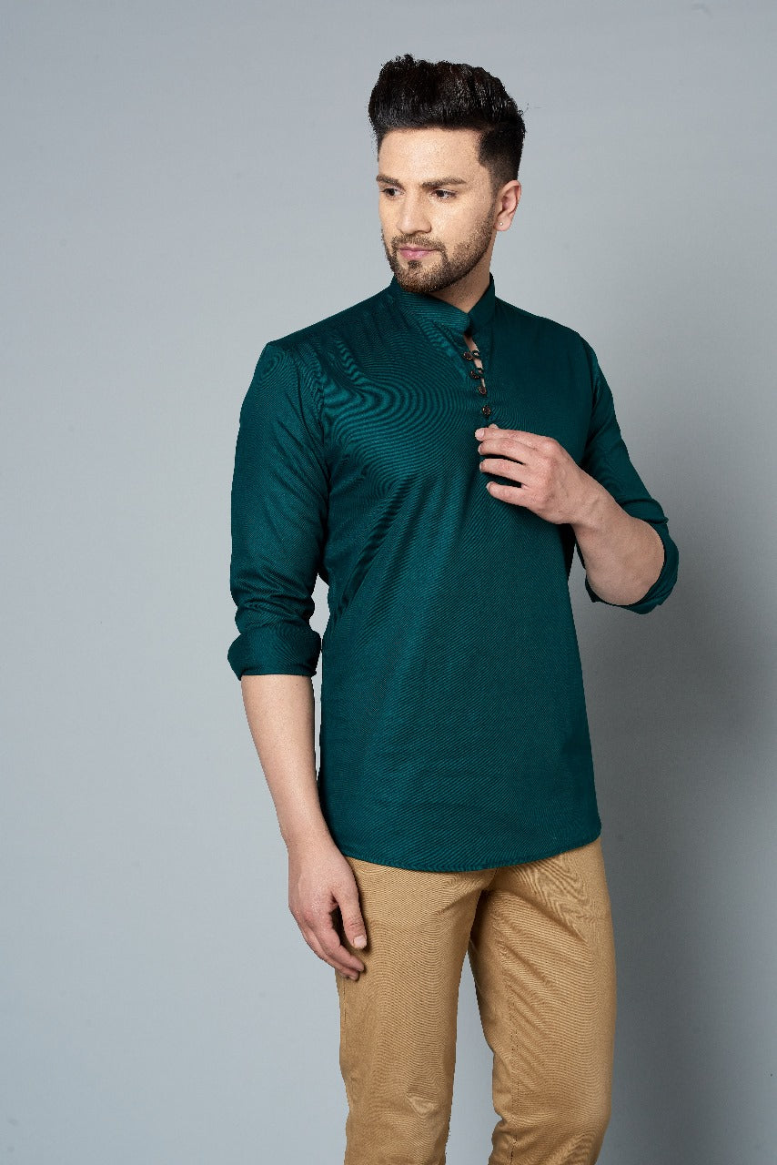 Louis Monarch Men Solid Dark Green Pure Cotton Straight Short Kurta
